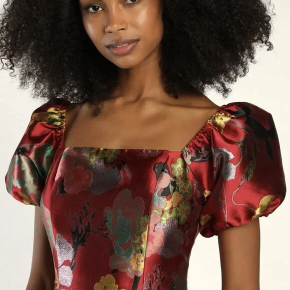 NWT Lulus So Stunning Red Multi Floral Jacquard Puff Sleeve Mini Dress - Picture 3 of 9